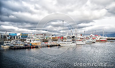 Reykjavik, Iceland - October 13, 2017: yachts at sea pier at small village. Sailing boats at coast on cloudy sky. Water Editorial Stock Photo