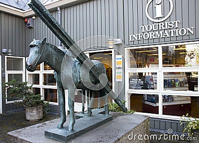 Reykjavik, Iceland, September 2018. Statue of a bronze horse near the building of the information tourist center in Reykjavik. Editorial Stock Photo