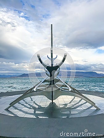 Reykjavik in Iceland Sun Voyager sculpture metal boat viking symbol Editorial Stock Photo