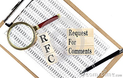 RFC Request for Comments text on wooden block on chart background Stock Photo