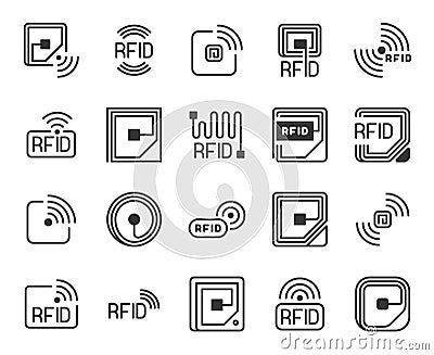 Rfid icons. Radio-frequency identification label, tag, chip and antenna line logo. Wireless system for tracking and Vector Illustration