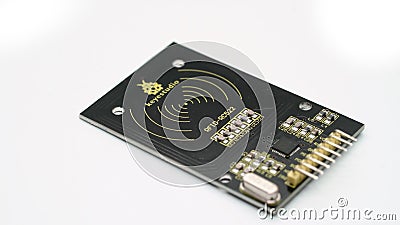 RFID key copy clone electronic component. Electronic proximity key for intercom. Editorial Stock Photo