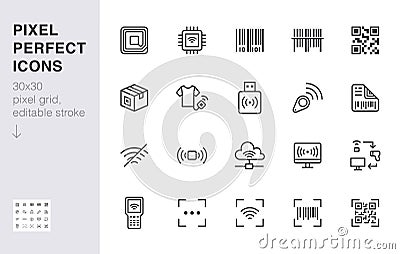 RFID, qr code, barcode line icon set. Price tag scanner label reader, identification microchip vector illustration Vector Illustration