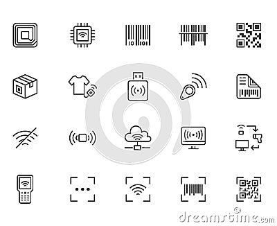 RFID, qr code, barcode line icon set. Price tag scanner, label reader, identification microchip vector illustration Vector Illustration