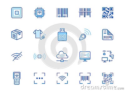 RFID, qr code, barcode line icon set. Price tag scanner, label reader, identification microchip vector illustration Vector Illustration