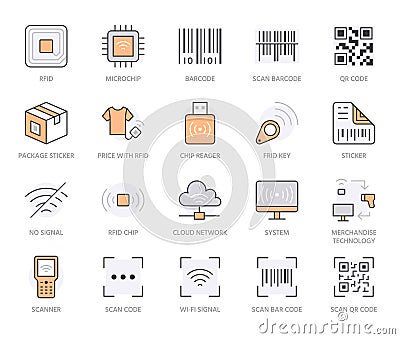 RFID, qr code, barcode line icon set. Price tag scanner, label reader, identification microchip vector illustration Cartoon Illustration