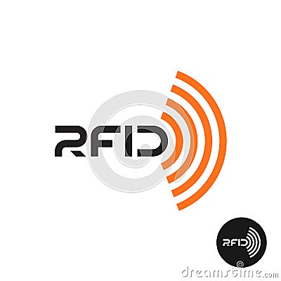 RFID tag icon. Text logo with radio wireless waves. Vector Illustration