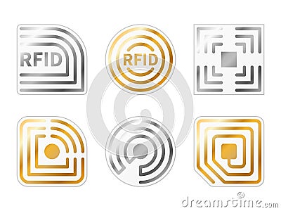 RFID tags. Golden, silver radio chips icons. Metallic identification electromagnetic label templates. Electronic Vector Illustration
