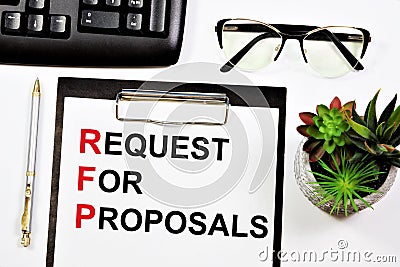 RFP. Request for proposals. A widget to display text in Notepad. Stock Photo