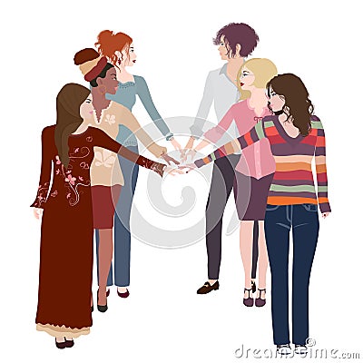 Empowerment. Isolated group multicultural women with outstretched arm and hand as a sign of self-confidence and self-awareness. Vector Illustration