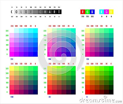 RGB color chart test printing palette, pixel colour swatch prepress calibrate testing. Vector Illustration