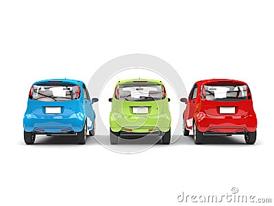 RGB economic compact electric cars - back view Stock Photo