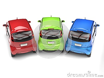 RGB economic compact electric cars - top rear view Stock Photo