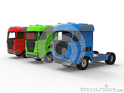 RGB trailer head trucks arranged in a line Cartoon Illustration