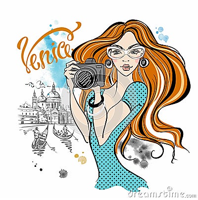 RGBGirl tourist with a camera taking pictures of attractions in Venice.Travel. Italy. Vector. Vector Illustration