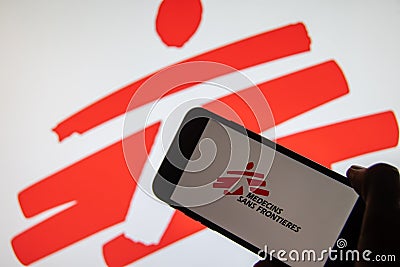 Rheinbach, Germany 15 January 2022, The brand logo of `Medecins Sans Frontieres` on the display of a smartphone Editorial Stock Photo