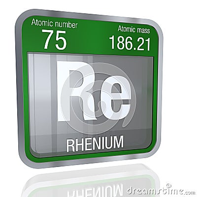 Rhenium symbol in square shape with metallic border and transparent background with reflection on the floor. 3D render Stock Photo