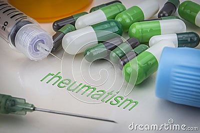 Rheumatism, medicines and syringes as concept Stock Photo