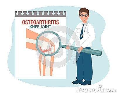Rheumatoid arthritis. Arthrosis of the knee joints. Male doctor with a magnifying glass. Medical infographic banner, poster Vector Illustration