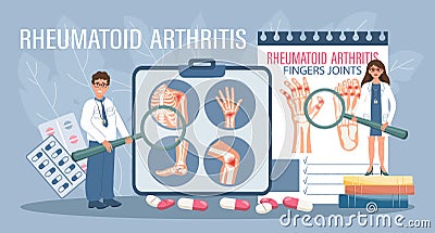 Rheumatoid arthritis for landing page. Arthritis treatment. Doctors with magnifiers show diseases of the human skeletal system. Vector Illustration