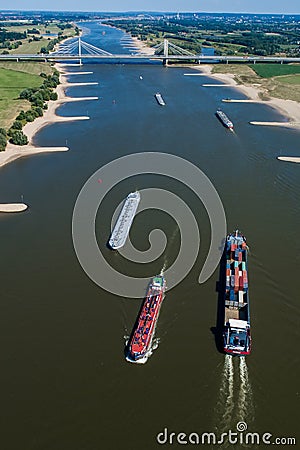 aerial view commercial ships crossing the River Rhine Editorial Stock Photo