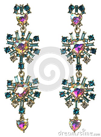 Rhinestone Dangling Hearts in Gold with Teal and White Crystals Stock Photo