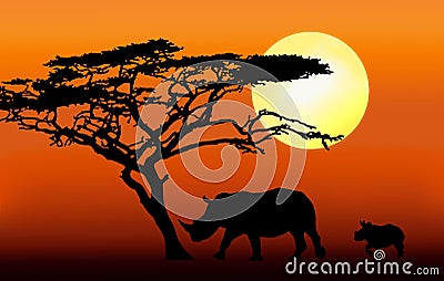 Rhino with calf silhouette Stock Photo