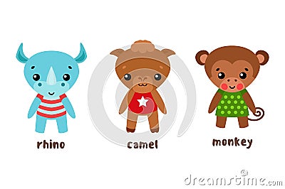 Rhino and camel, monkey or ape cartoon characters Vector Illustration