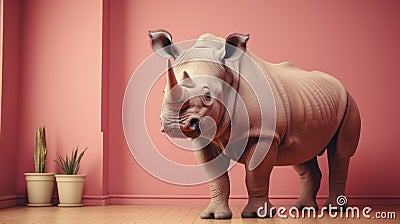 Highly Detailed Zbrush Rhino In Pink Room With Realistic Figures Stock Photo