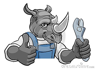 Rhino Plumber Or Mechanic Holding Spanner Vector Illustration