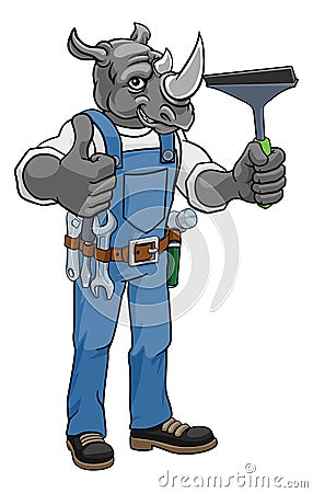 Rhino Car Or Window Cleaner Holding Squeegee Vector Illustration