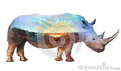 Rhino double exposure illustration Cartoon Illustration