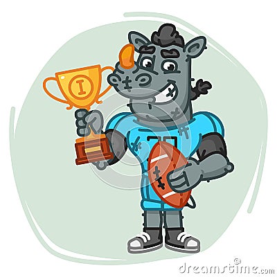 Rhino Football Player Holds Ball and Cup Vector Illustration