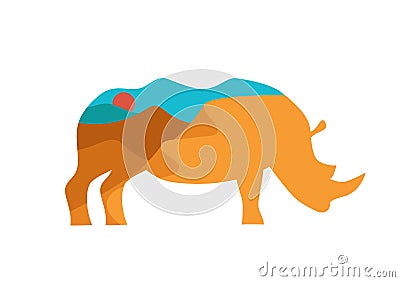 Rhino illustration with double exposure of African landscape Vector Illustration