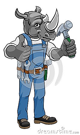 Rhino Mascot Carpenter Handyman Holding Hammer Vector Illustration