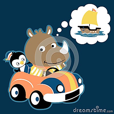 Cartoon of funny animals on car dreaming sailboat Vector Illustration