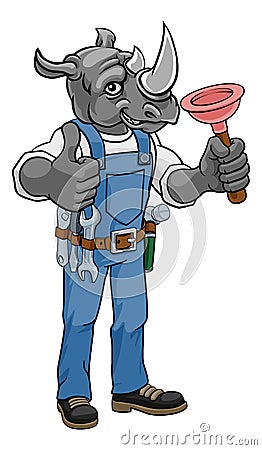 Rhino Plumber Cartoon Mascot Holding Plunger Vector Illustration