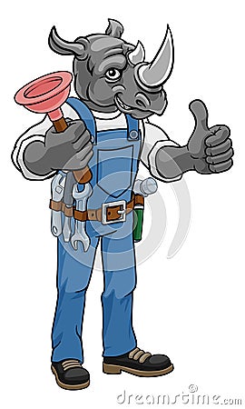 Rhino Plumber Cartoon Mascot Holding Plunger Vector Illustration