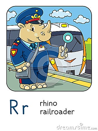 Rhino railroader Animals profession ABC Alphabet R Vector Illustration