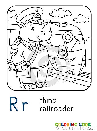 Rhino railroader coloring book. Animal Alphabet R Vector Illustration