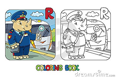 Rhino railroader coloring book. Animal Alphabet R Vector Illustration