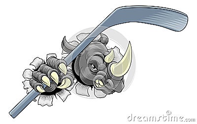 Rhino Rhinoceros Ice Hockey Cartoon Sports Mascot Vector Illustration