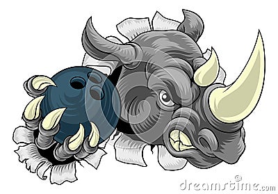 Rhino Rhinoceros Bowling Cartoon Sports Mascot Vector Illustration