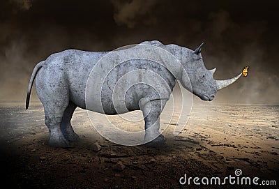 Rhino, Rhinoceros , Monarch Butterfly, Desolate Desert Stock Photo