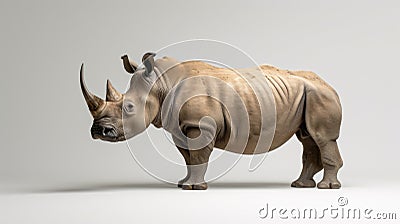 A rhino standing on a white background with gray sky, AI Stock Photo