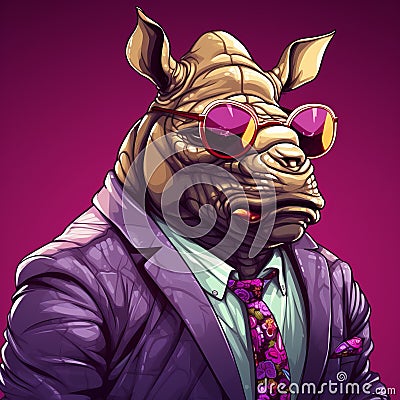 Cool Hipster Rhino: Cyberpunk Realism With Grotesque Caricatures Stock Photo
