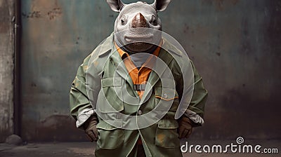 Rhinoceros Dressed In Overalls For Work Stock Photo