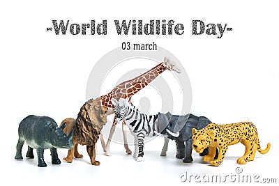 Rhinoceros, giraffe, lion, zebra, elephant isolated on white background Text World Wildlife Day 3 march celebrate many beautiful Stock Photo