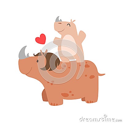 Rhinoceros Mom With Hairdo Animal Parent And Its Baby Calf Parenthood Themed Colorful Illustration With Cartoon Fauna Vector Illustration