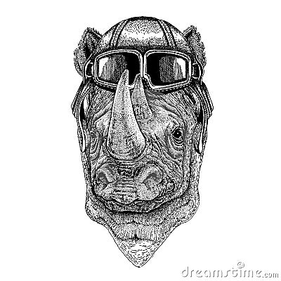 Animal wearing aviator helmet with glasses. Vector picture. Rhinoceros, rhino Hand drawn illustration for tattoo, emblem Vector Illustration